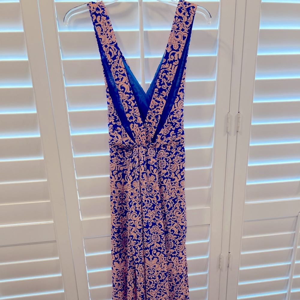 Long sundress.  Striking royal blue and light peachy color print.  Size M.